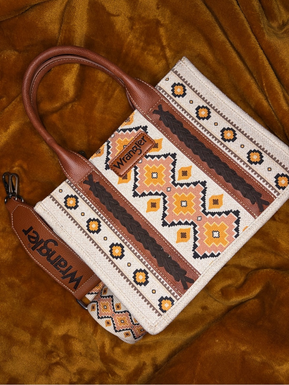 Wrangler Beige, Brown & Orange Embroidered Tote